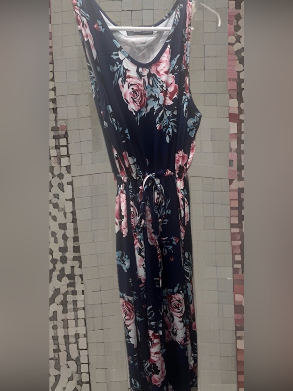Navy Floral Midi Dress with Tie Waist